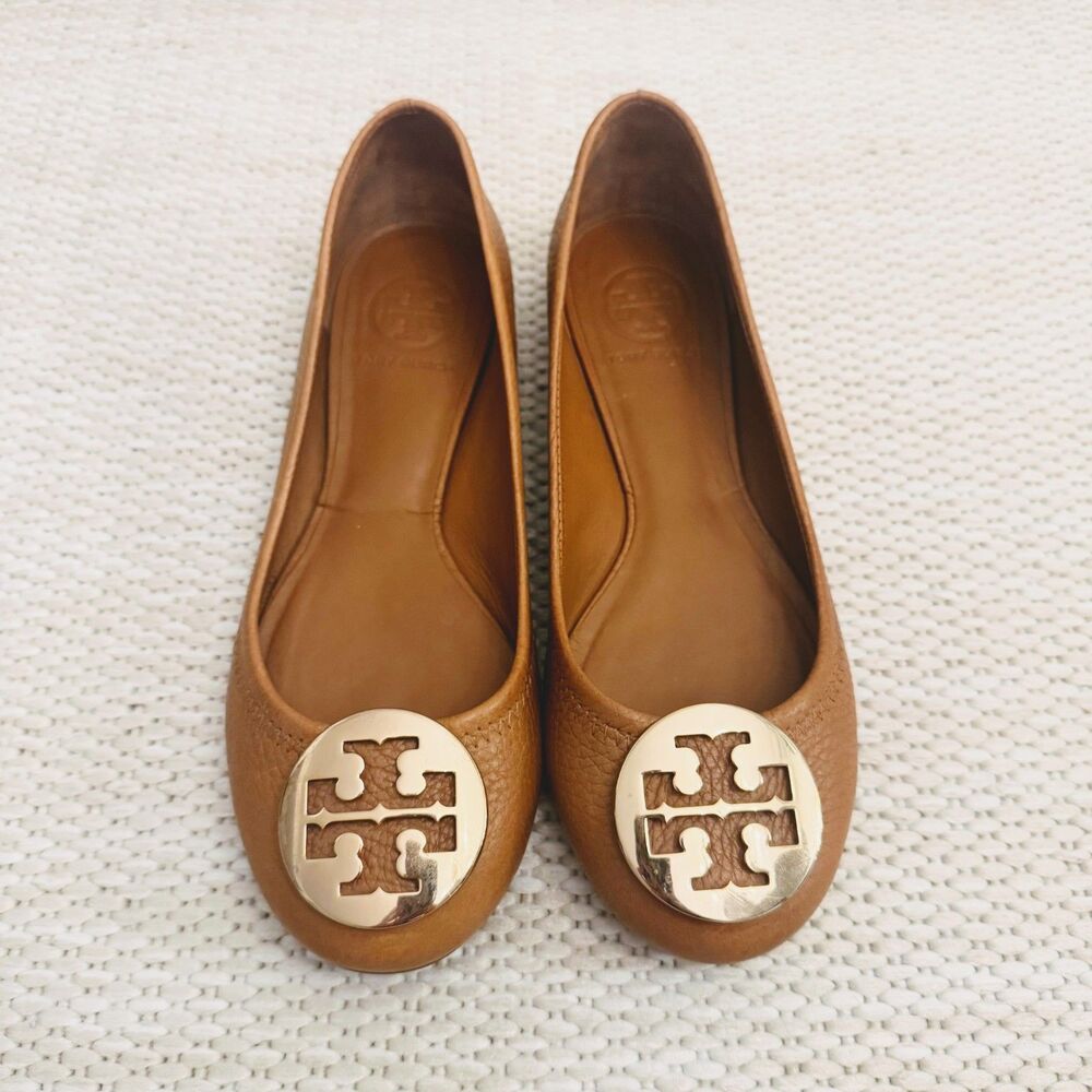 Tory Burch Reva Ballet Flats Cognac Brown Leather Gold Logo Women's Size 6 EUC